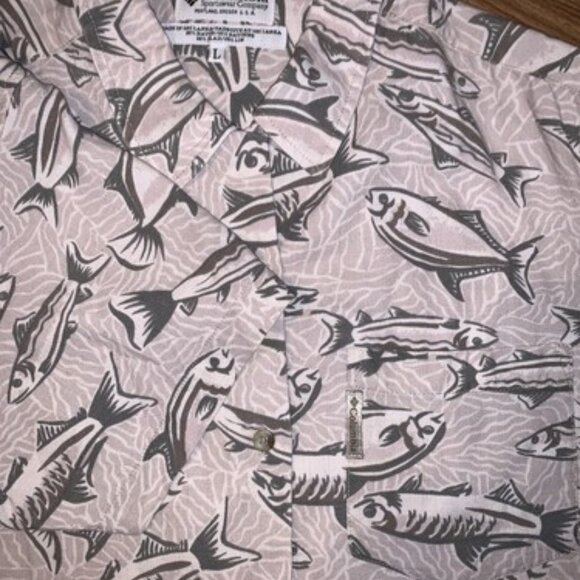 COLUMBIA Mens Fish Print Beige Short Sleeve Button Fishing Shirt Men's Large - Picture 1 of 8
